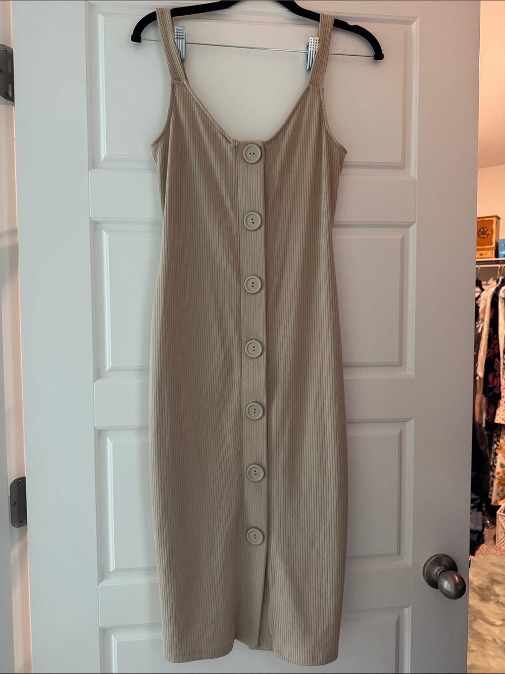 Urban Outfitters Beige Ribbed Button-Front Midi Dress
